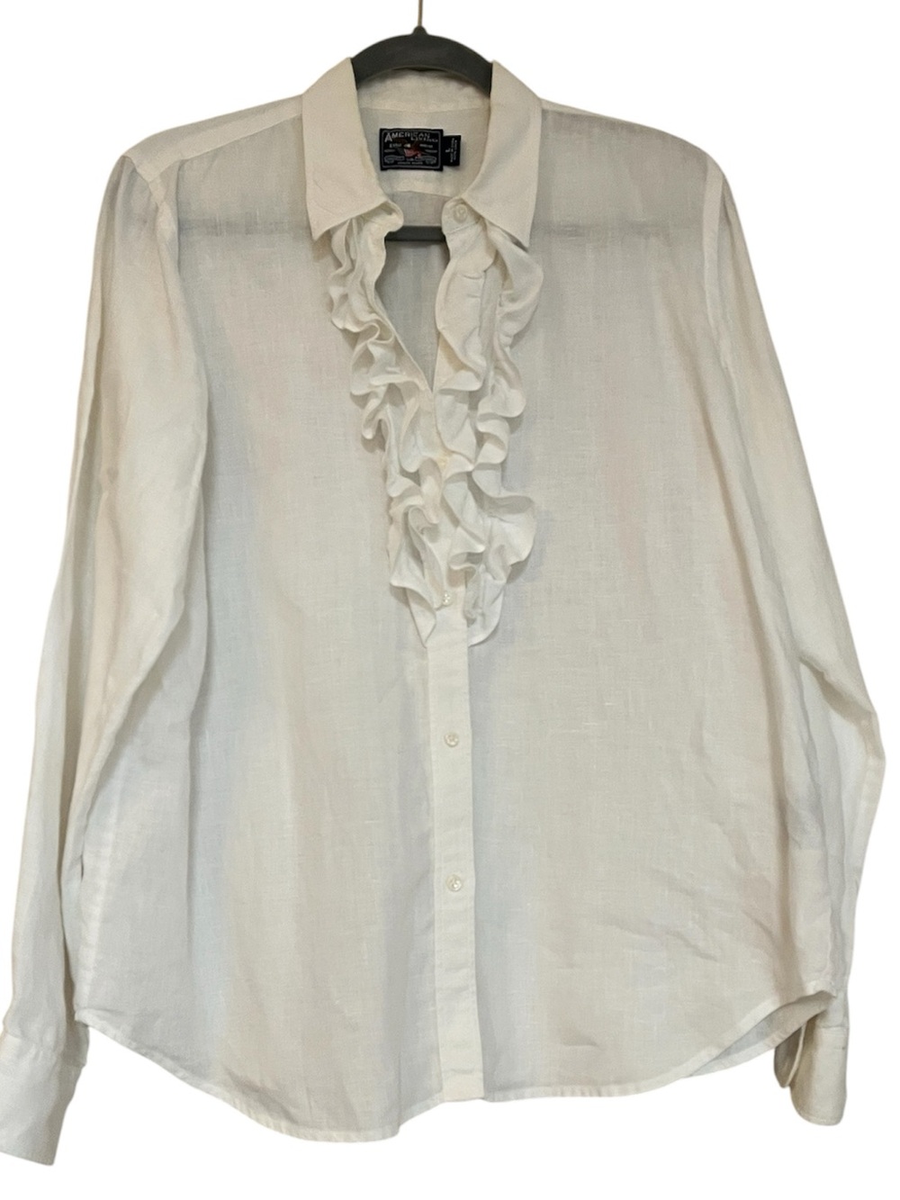 American Living White Button Up Ruffed 100% Linen Blouse Size L